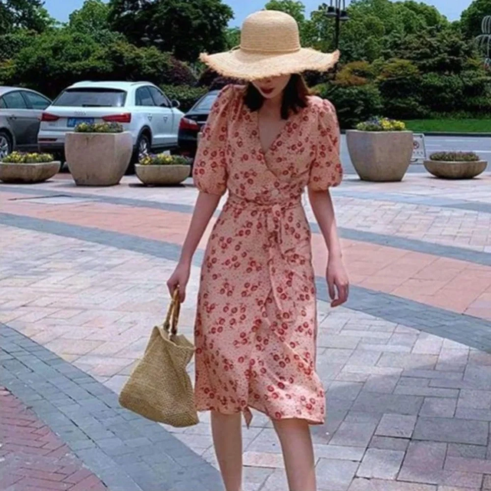 ROUJE Peach Pink Red Retro Classic Floral Dot Printed Rosalie Midi Wrap Dress - Picture 4 of 14